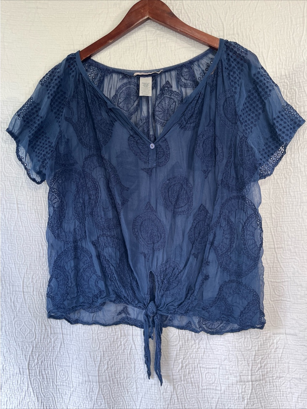 Vintage Sheer Silk Shirt Women L Language Blue Eyelet Embroidered Button Tie Top